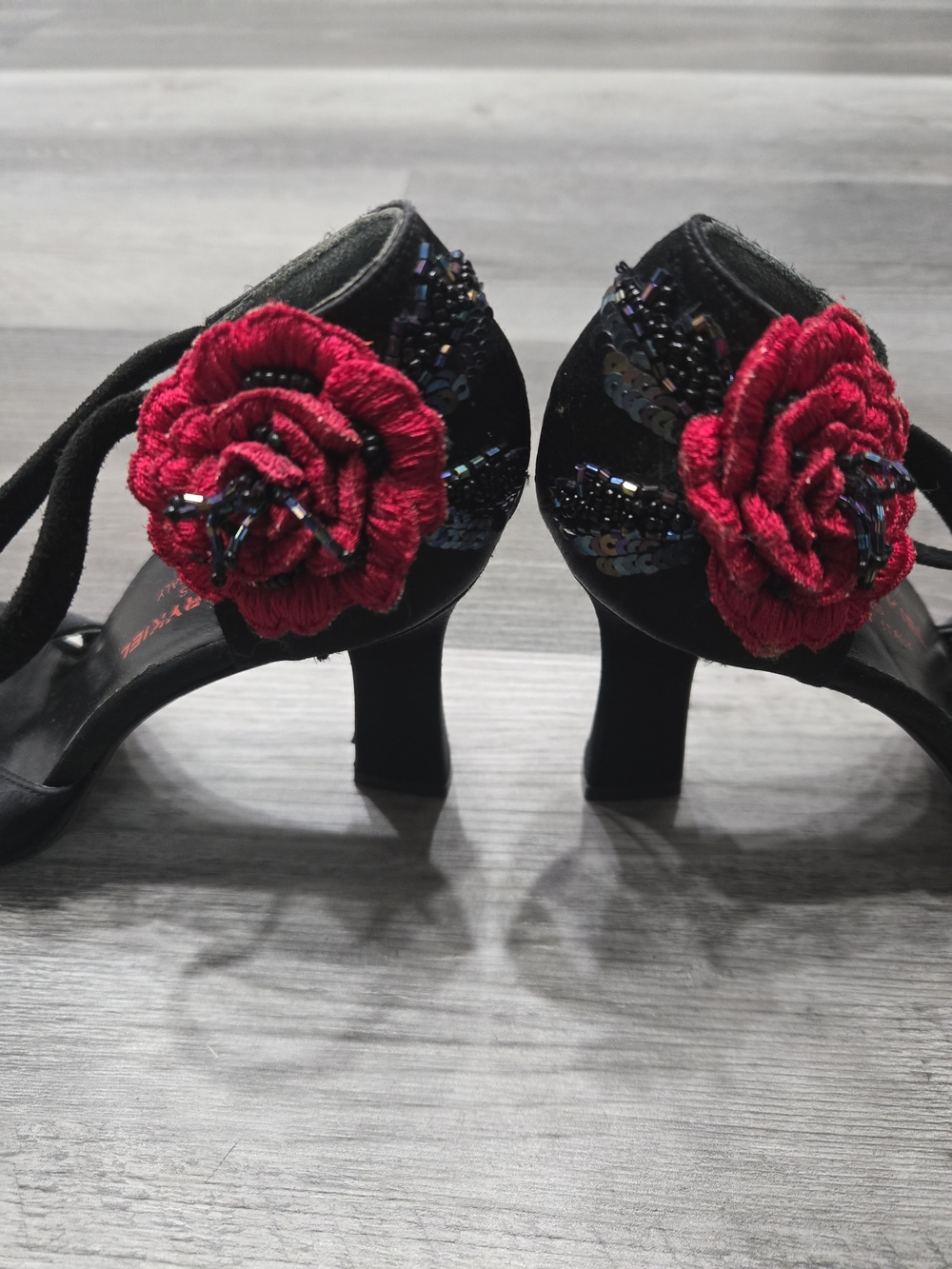 Sonia Rykiel Black Satin Heels with Red Floral Accent - Picture 4 of 8